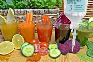 Flight of the Super B’s - fruit and vegetable juices in glasses