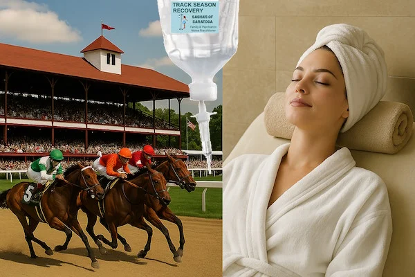 Horses racing at the track, a woman relaxing at a spa, an IV bag hanging into the  picture